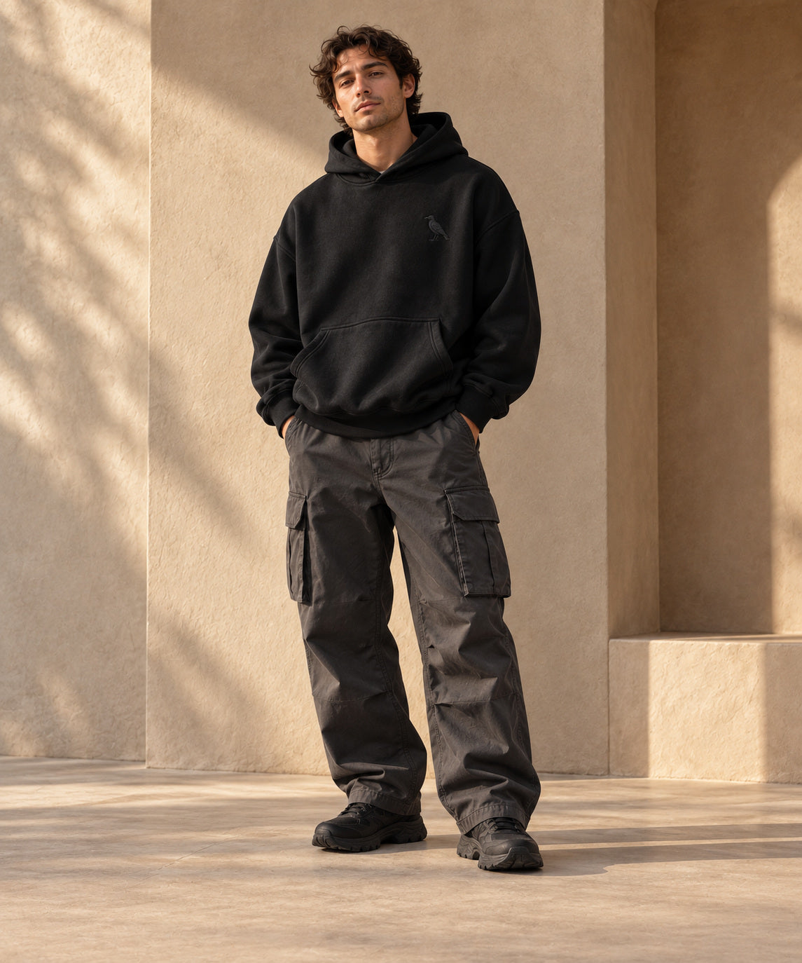 Man in a black raven hoodie and charcoal cargo pants against a sunlit stone wall