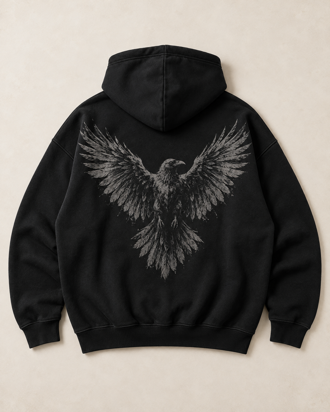 Back flat lay with raven print of Night Flight Hoodie