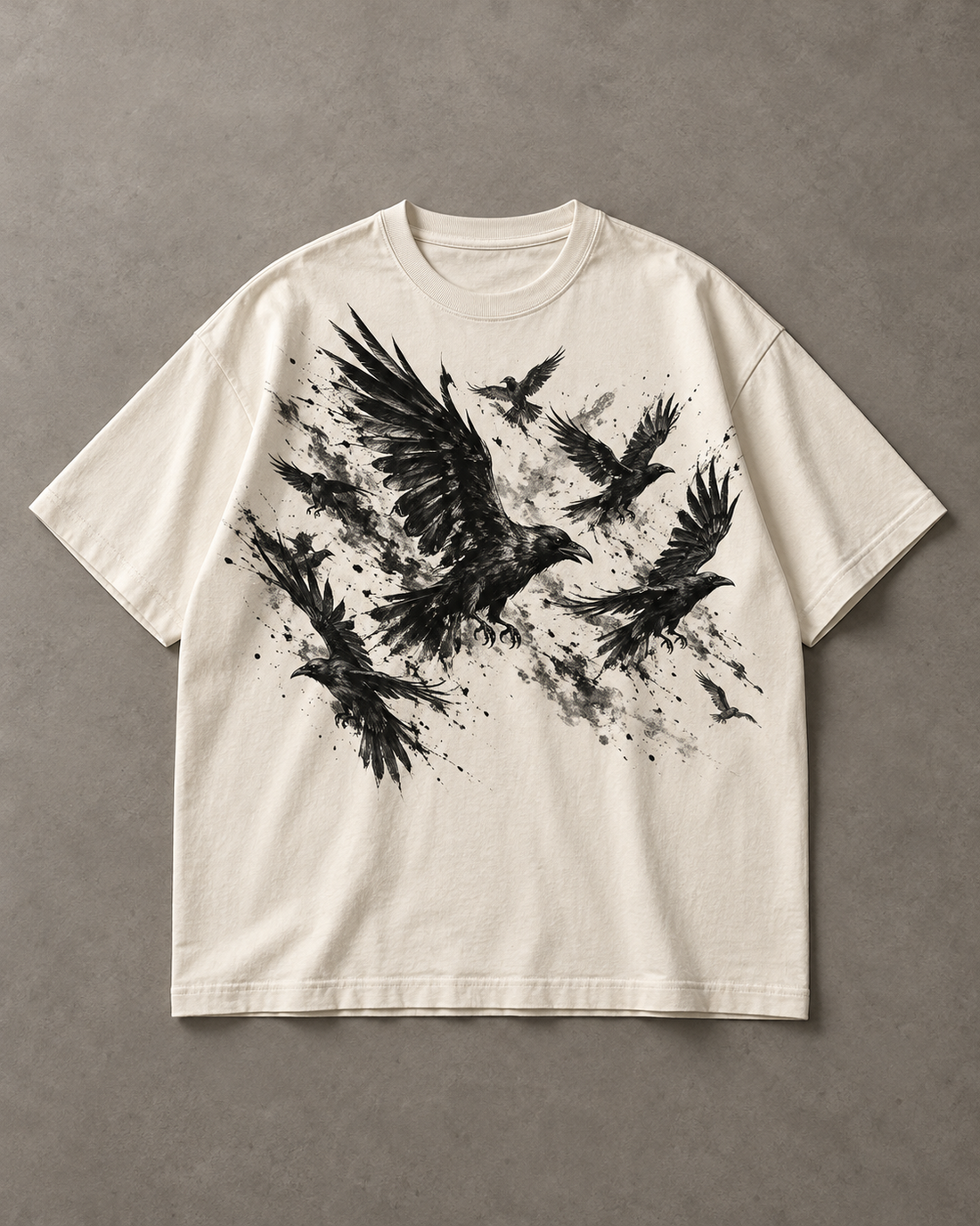 Front flat lay with raven graphic of Flock Off Tee