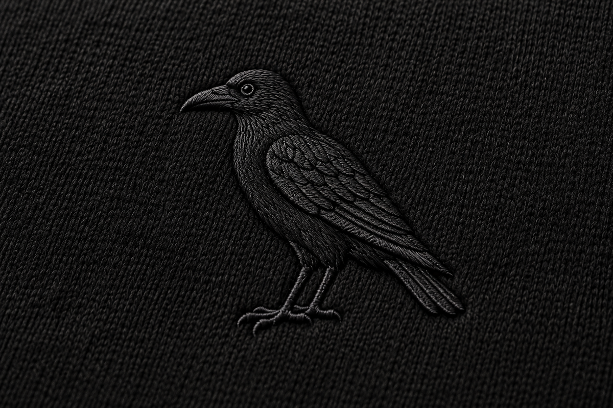 Close-up of raven embroidery of Night Flight Hoodie