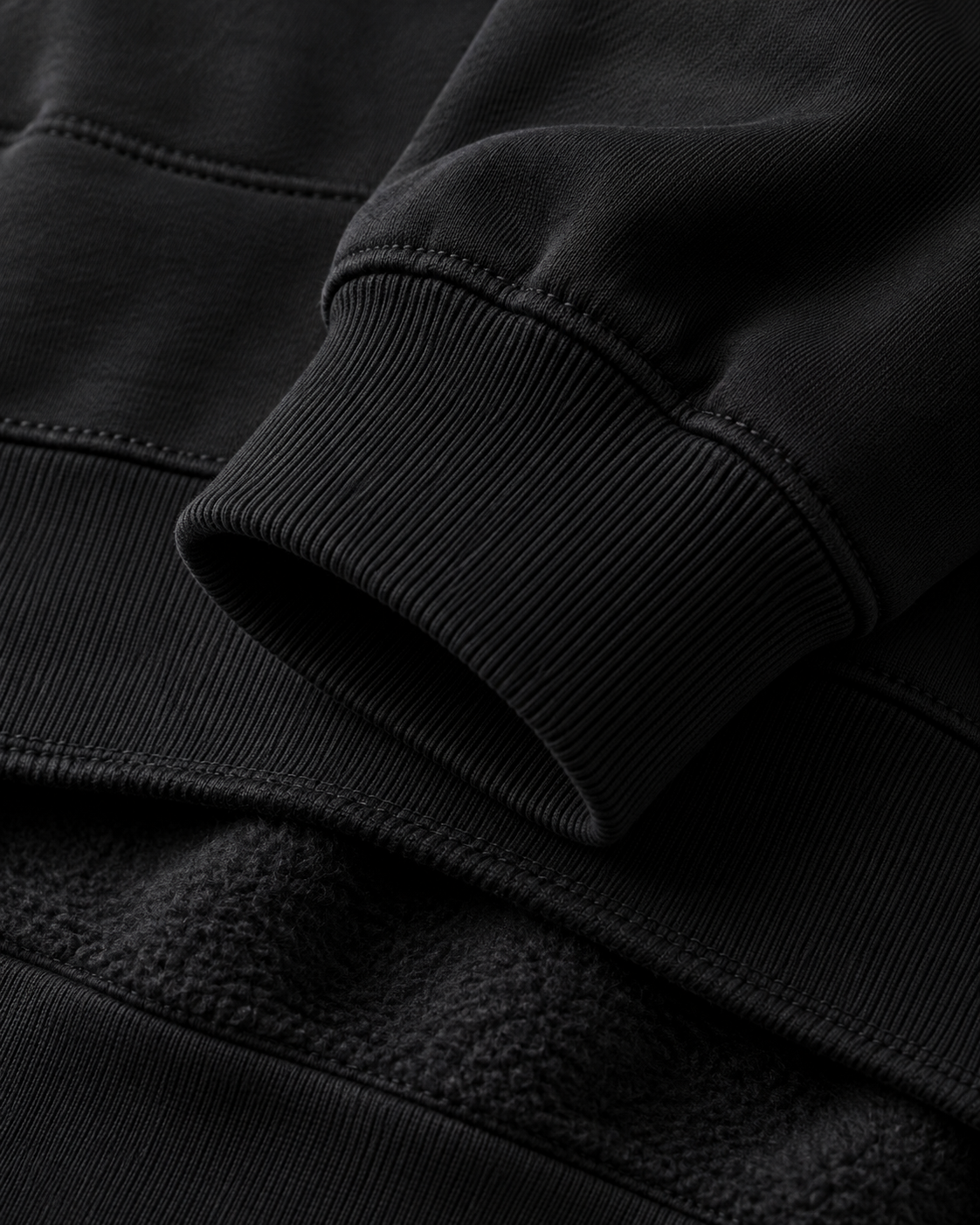 Close-up of cuff and heavy fabric of Night Flight Hoodie