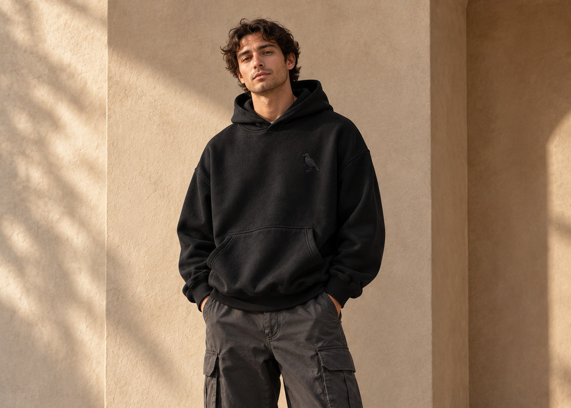 Man in a black raven hoodie and charcoal cargo pants against a sunlit stone wall
